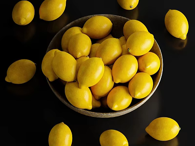 Fresh Ripe Yellow Lemons in Ceramic Bowl Scattered Around Black Surface 3d model