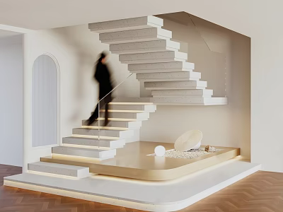 Modern Staircase Design With White Concrete Steps Glass Railing And LED Lighting Interior 3d model
