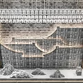 Modern Stone Background Wall With Layered Design Hanging Lights And Rock Decorations