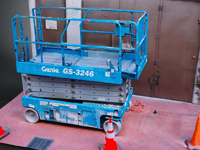 Blue Genie GS-3246 Scissor Lift Industrial Equipment on Red Ground with Orange Traffic Cones 3d model