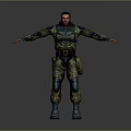 Man in tactical armor outfit with arms outstretched and blue boots against grey gradient background