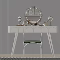 Modern White Dressing Table With Round Mirror Green Cushioned Chair And Decorative Cosmetics On Top