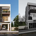 Modern Detached Villa White Exterior Black Louvers Second Floor Balcony With Plants Glass Railings Trees