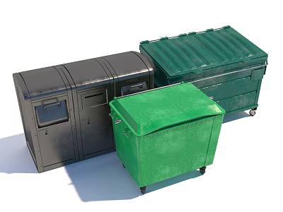 Public Facility Trash Bins in Green and Black with Wheels and Lids 3d model
