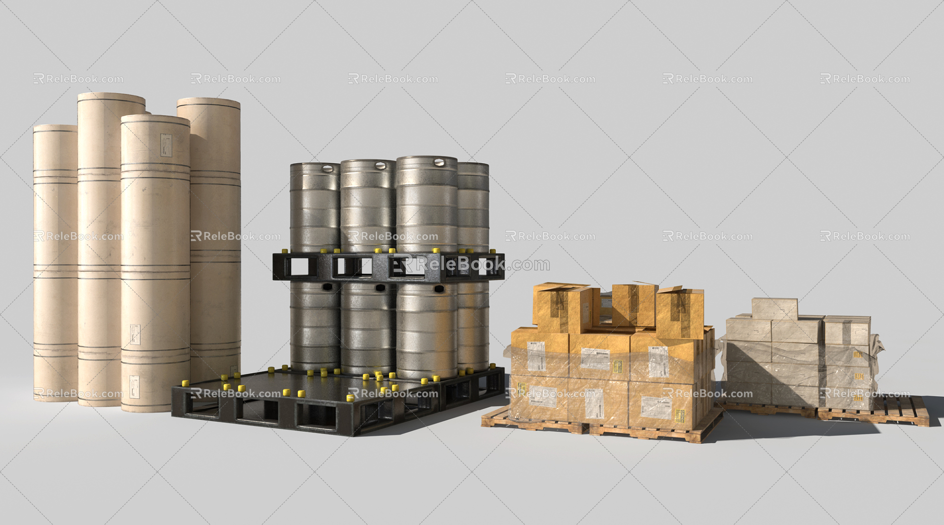 Modern Barrel Warehouse Cargo Carton Aluminum Barrel White Paint Bucket Steel Frame 3d model