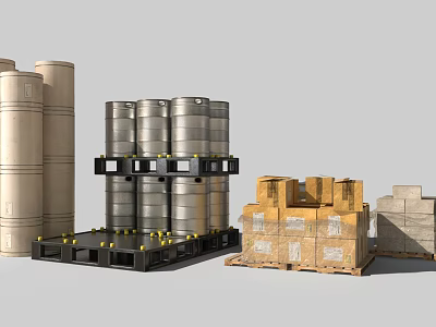 Industrial Equipment Featuring Stacked Metal Drums Wooden Crates And Pallets For Industrial Storage 3d model