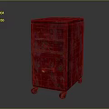Vintage Red Cabinet With Three Drawers And Wheels On Dark Background