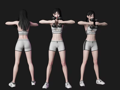 A Woman Doing Fitness Exercise With Dumbbells In Sportswear From Three Angles 3d model
