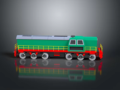 Green Red Train Locomotive With Yellow Railings Gray Top Silver Wheels On Reflective Surface 3d model