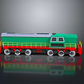 Green Red Train Locomotive With Yellow Railings Gray Top Silver Wheels On Reflective Surface