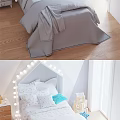 Kids Bed With House Headboard String Lights White Polka Dot Bedspread Blue Pillow ABC Blocks