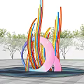 Colorful Curved Lines Circular Ring Outdoor Sculpture Carving in Water Pool with Reflection and Trees