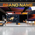 Brand Name Exhibition Booth Modern Design With Colorful Overhead Lighting Reception Desk And Display Screens