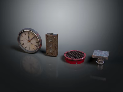 Assorted Vintage Clock Retro Box Red Grid Cover And Metal Block 3d model