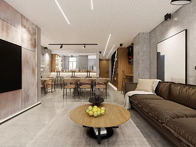 Modern Living and Dining Room Interior With Brown Sofa Round Coffee Table And Dining Set 3d model