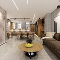 Modern Living and Dining Room Interior With Brown Sofa Round Coffee Table And Dining Set