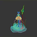Fantasy Character In Pink Purple Dress With Golden Staff On Blue Cloud Base