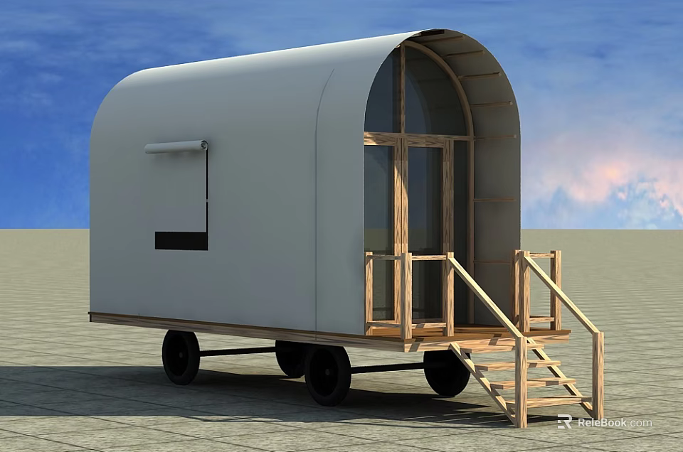 White Mobile Cabin With Curved Roof Wooden Doors And Wheels 3d model 
