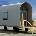 White Mobile Cabin With Curved Roof Wooden Doors And Wheels