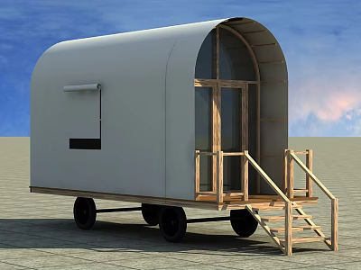 White Mobile Cabin With Curved Roof Wooden Doors And Wheels 3d model White Mobile Cabin With Curved Roof Wooden Doors And Wheels 3d model