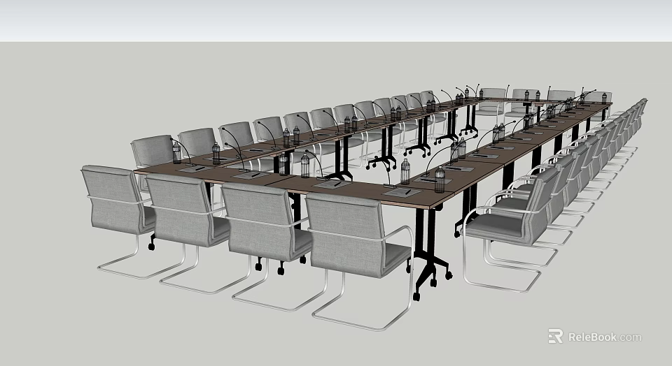 Modern Meeting Room Interior Conference Table With Gray Chairs And Microphones On Top 3d model 