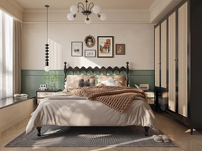 Double Bed Bedroom Interior Design With Beige Bedding Wall Art And Natural Light 3d model