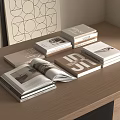 Open Book And Stacked Magazines On Wooden Table With Geometric Wall Art