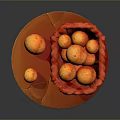 Fresh Orange Potatoes in Wicker Basket with Red Cloth on Brown Plate
