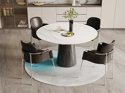 Modern Round Dining Table With Marble Top Dark Base Black Chairs Green Plants 3d model
