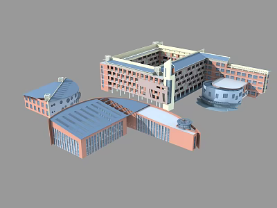 Modern School Campus Buildings Architectural Design With Multiple Structures And Blue Roofs 3d model