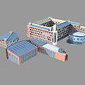 Modern School Campus Buildings Architectural Design With Multiple Structures And Blue Roofs 3d model