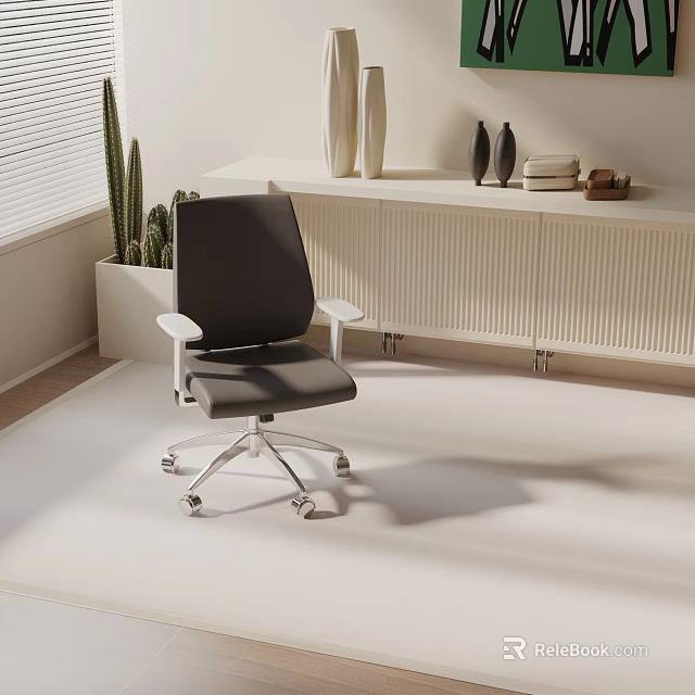 Ergonomic Black Office Chair with White Armrests Silver Wheels in Modern Office Room with Cactus 3d model 
