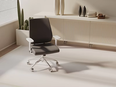 Ergonomic Black Office Chair with White Armrests Silver Wheels in Modern Office Room with Cactus 3d model