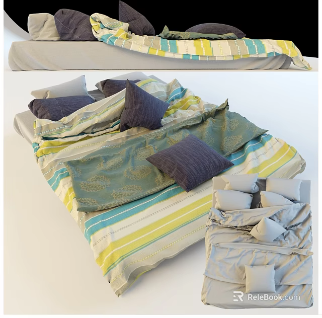 Modern Double Bed With Colorful Striped Bedding And Dark Decorative Pillows 3d model 