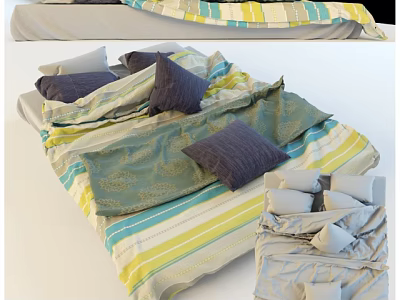 Modern Double Bed With Colorful Striped Bedding And Dark Decorative Pillows 3d model