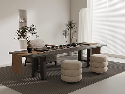Modern Tea Table Set With Stools And Potted Plants In Minimalist Room 3d model