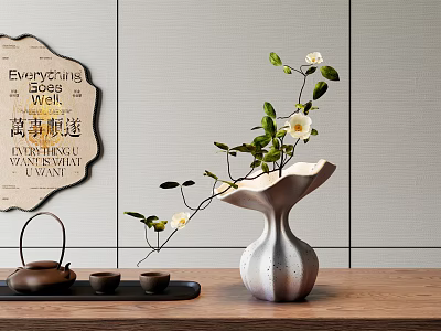 Modern Vase With White Blossoms And Green Leaves On Wooden Tabletop With Tea Set 3d model