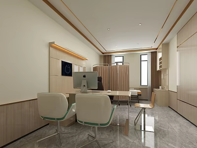 Modern Study Room Interior With Wooden Desk Chairs Computer And Windows 3d model