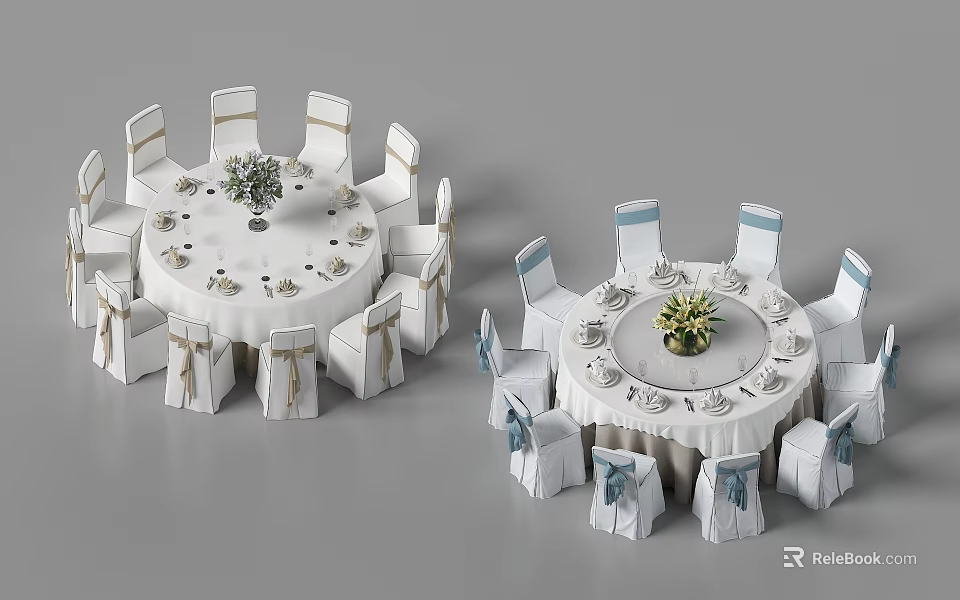 Elegant Round Dining Table And Chair Set With White Tablecloths Decorative Sashes Flower Centerpieces And Tableware For Event Setup 3d model 