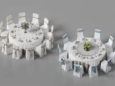 Elegant Round Dining Table And Chair Set With White Tablecloths Decorative Sashes Flower Centerpieces And Tableware For Event Setup 3d model