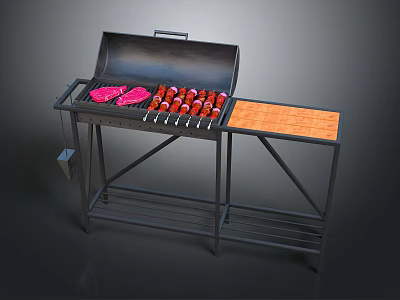 Outdoor Barbecue Grill With Meat Skewers And Orange Side Panel On Metal Stand 3d model