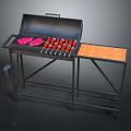 Outdoor Barbecue Grill With Meat Skewers And Orange Side Panel On Metal Stand