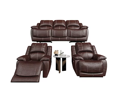 Brown Leather Sofa Set With Three Seater Sofa Two Recliner Chairs And Side Table 3d model