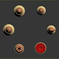 Weapon Ammunition Collection with Golden Bullets of Various Sizes and Red Cylinder