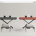Musical Instruments Setup with Black and Red Keyboards Music Sheets and Stools 3d model