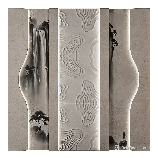 Traditional Background Wall With Mountain Waterfall Painting And Wavy Textured Panel 3d model 