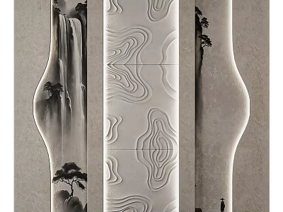 Traditional Background Wall With Mountain Waterfall Painting And Wavy Textured Panel 3d model