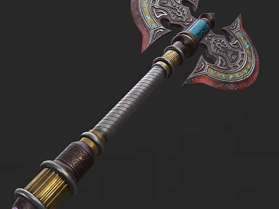 Ornate Battle Axe With Intricate Carvings And Blue Gemstone Accents 3d model