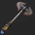 Ornate Battle Axe With Intricate Carvings And Blue Gemstone Accents