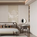 Modern Bedroom Interior Design With Comfortable Bed Nightstand Dresser Mirror And Soft Lighting